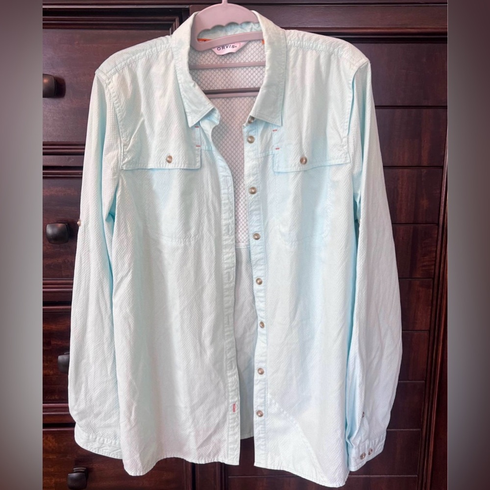 Size large- Orvis Women's Open Air Caster long-sleeve fishing shirt -aqua blue